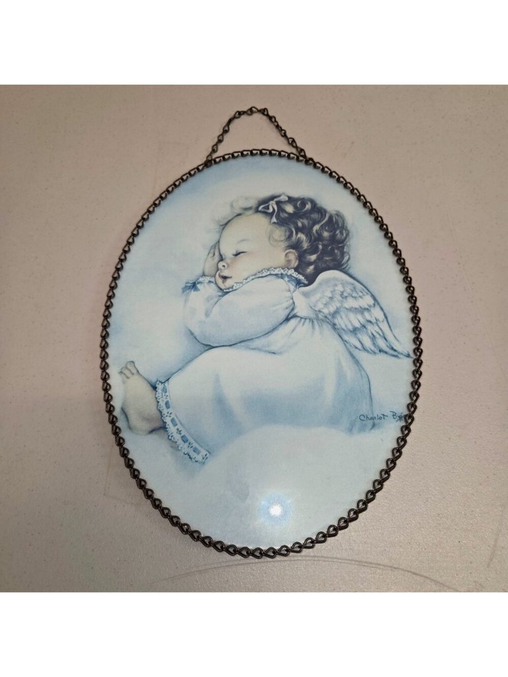 Oval Framed Angel Baby Art Print By Charlot Byj With Chain Hanger 10.5" x 7.5"